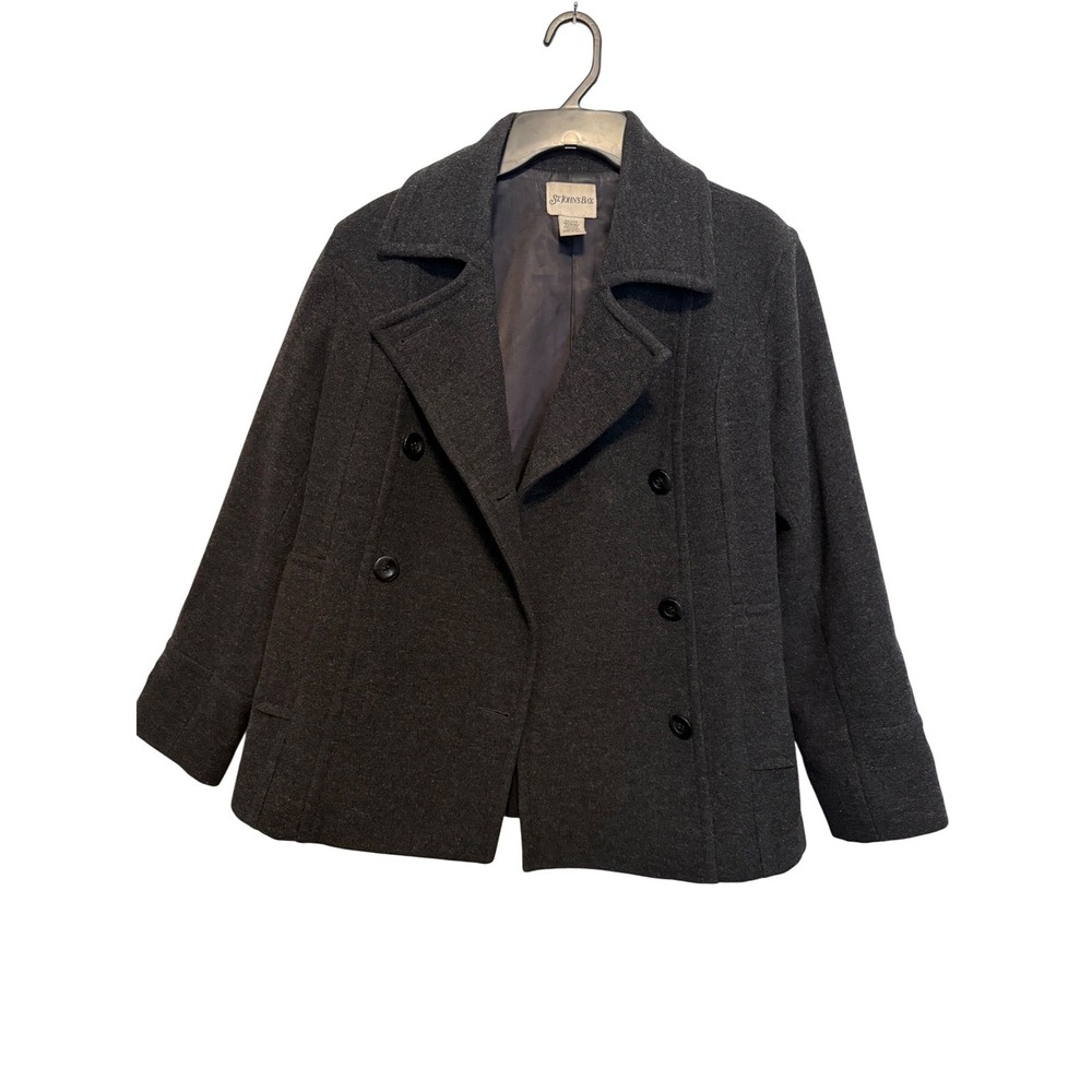 St Johns Bay Women's Pea Coat Petite Medium Double Breasted Gray Jacket 70% Wool
